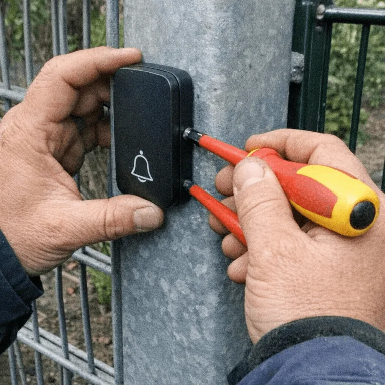 Elektriker befestigt einen Funkgong an einem Holzpfosten neben einem Gartentor