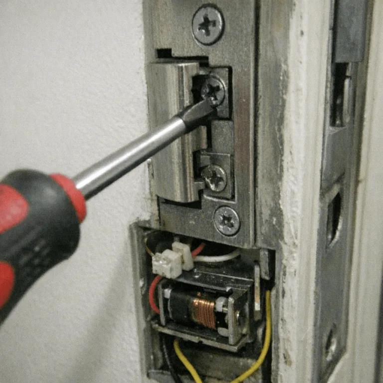 An der Haustür justiert ein Monteur das Schließblech für einen elektrischen Öffner.
