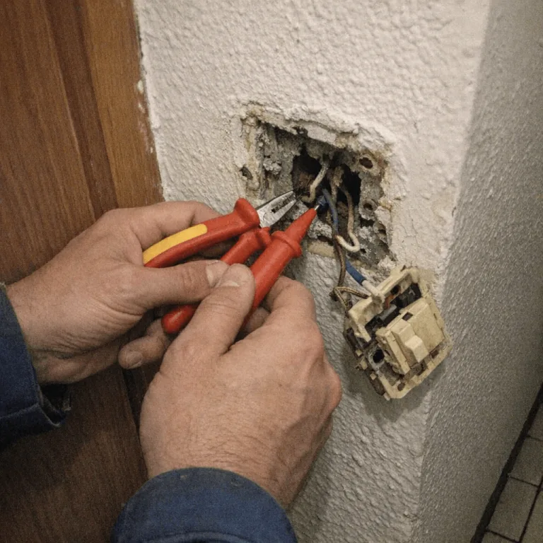Techniker installiert einen neuen Klingeltaster an einer Wohnungstür und organisiert die Kabel
