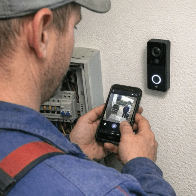 Innenstation einer Videoanlage wird an einer Wand montiert und anschließend getestet