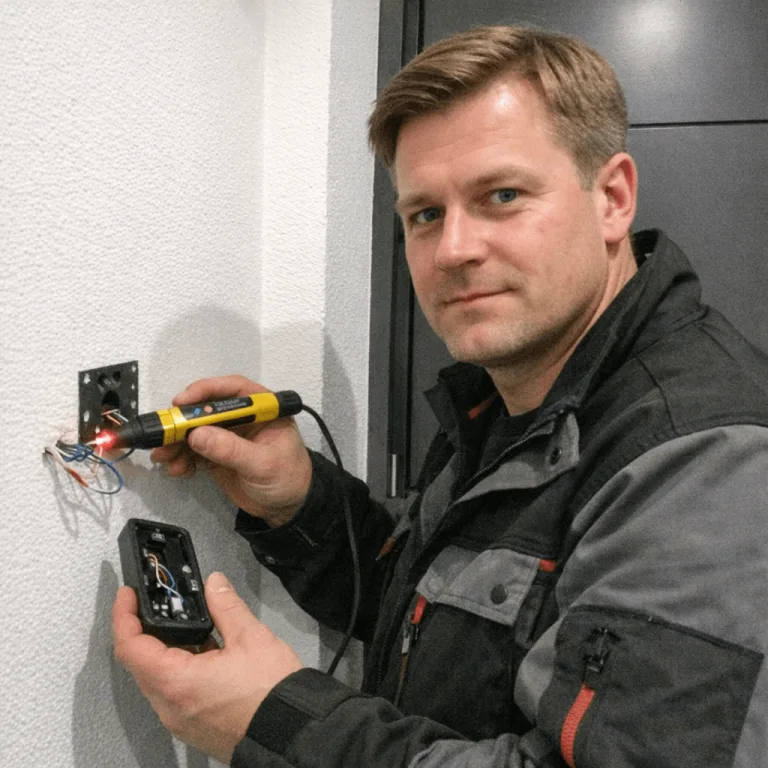 Elektriker überprüft die Anschlüsse einer Türsprechstelle in einem Wohnhaus in Wandsbek